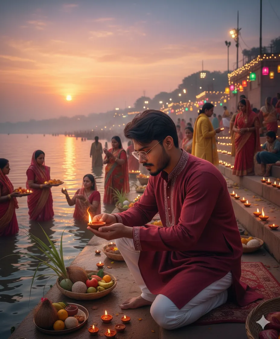 Chhath Puja AI Image Editing lighting the lamp